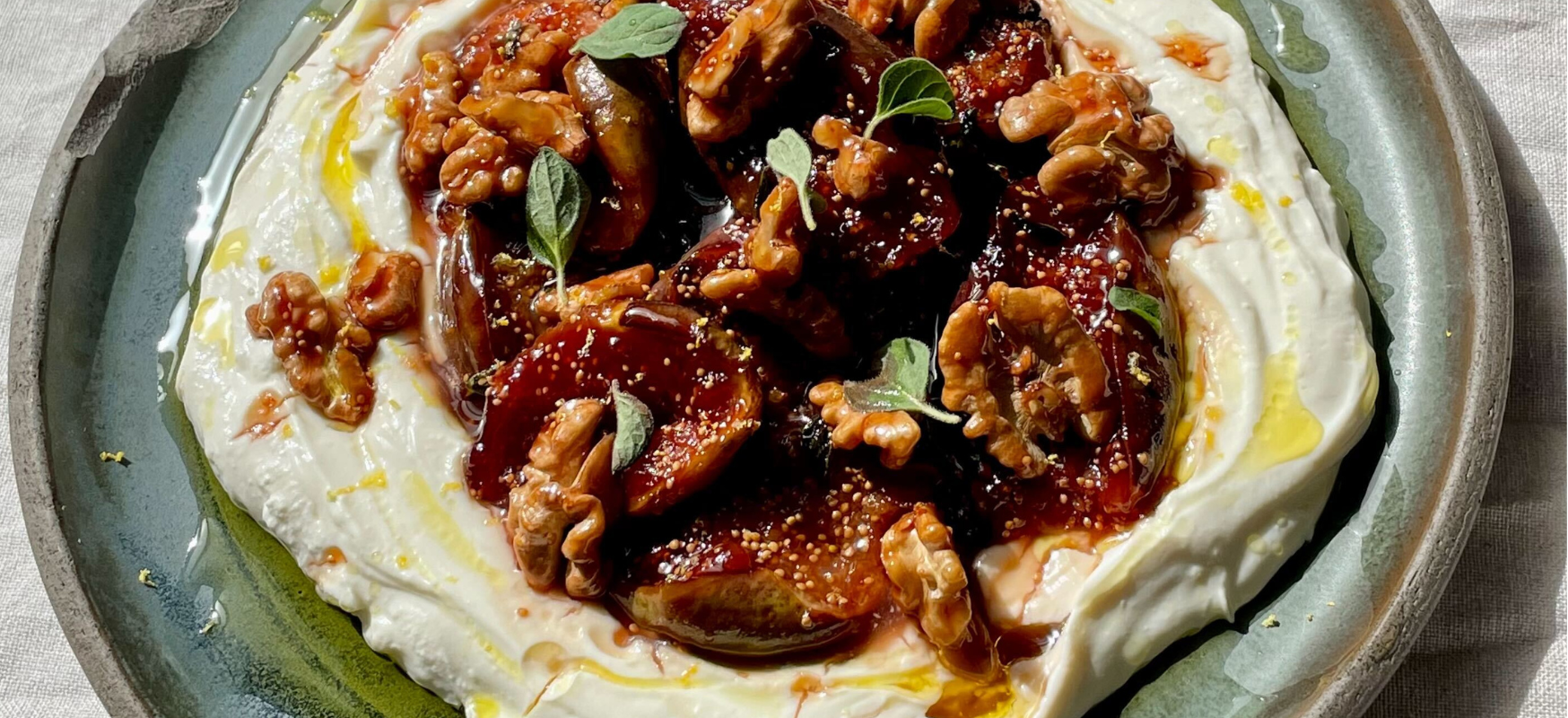 Figs caramelised with extra virgin olive oil on whipped ricotta