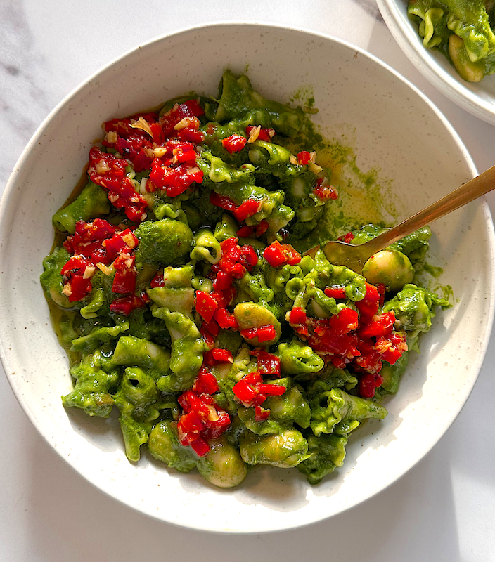 Image for Green pasta with pepper salsa: Enviously delicious. ”I’m a bit late to the party with this one”,