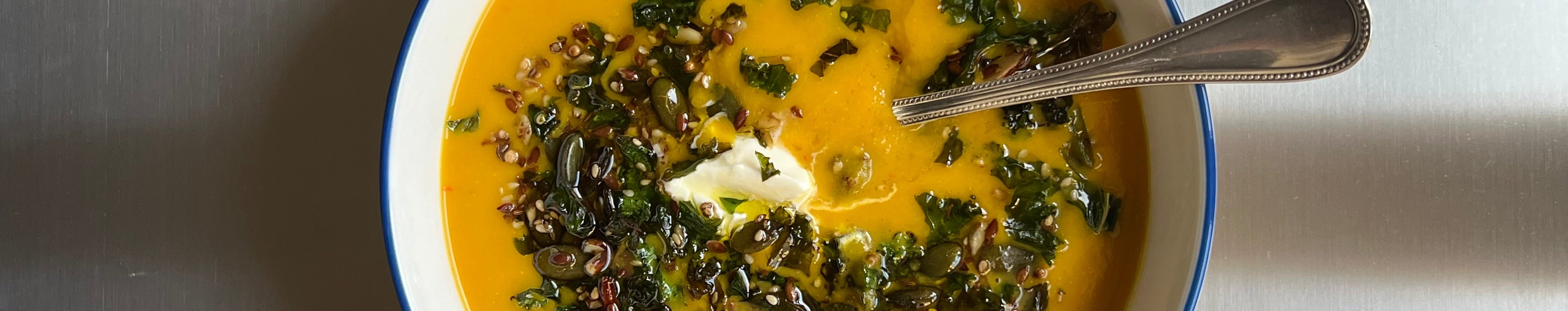 Image for Apple & squash soup with a spiced kale and nut granola: Apple crumble—but make it soup