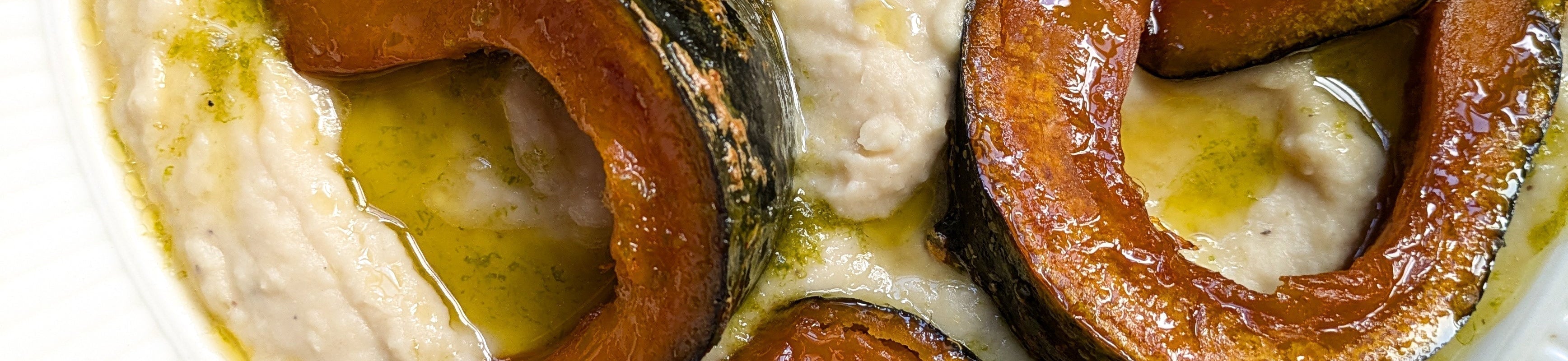 Image for Roasted pumpkin, white bean purée & bergamot dressing.: Sweet, flavoursome pumpkin, caramelised onion, and smo