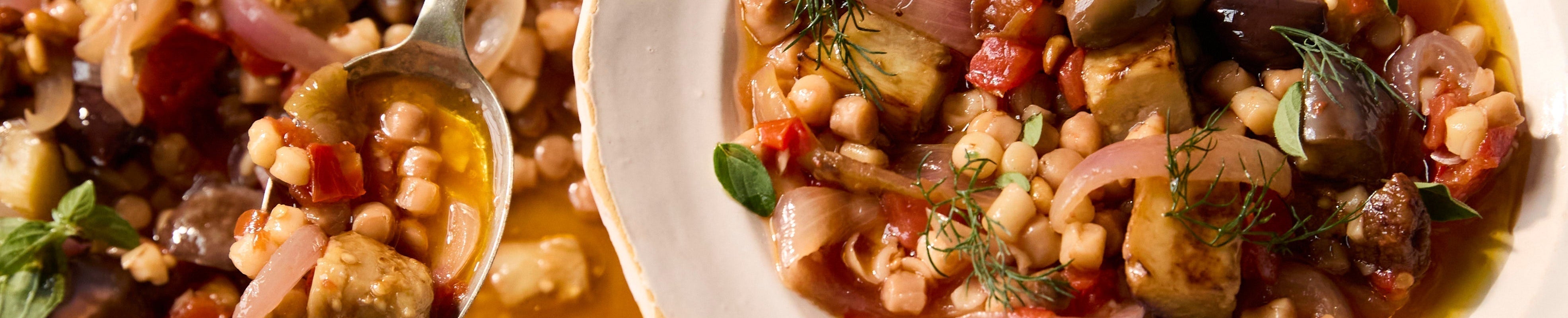 Image for Aubergine, tomato, and kalamata olives.: Silky aubergine, tomato, and red wine vinegar are balanced by the nat