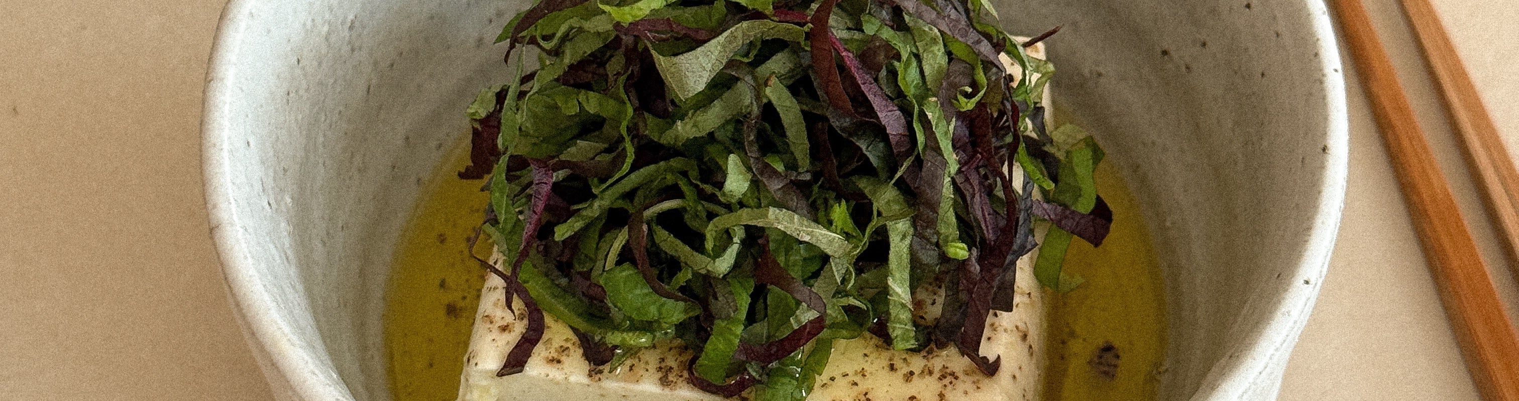 Image for Tofu, olive oil, and shiso.: Soft, silky tofu, fragrant shiso, and peppery olive oil come together for a simpl